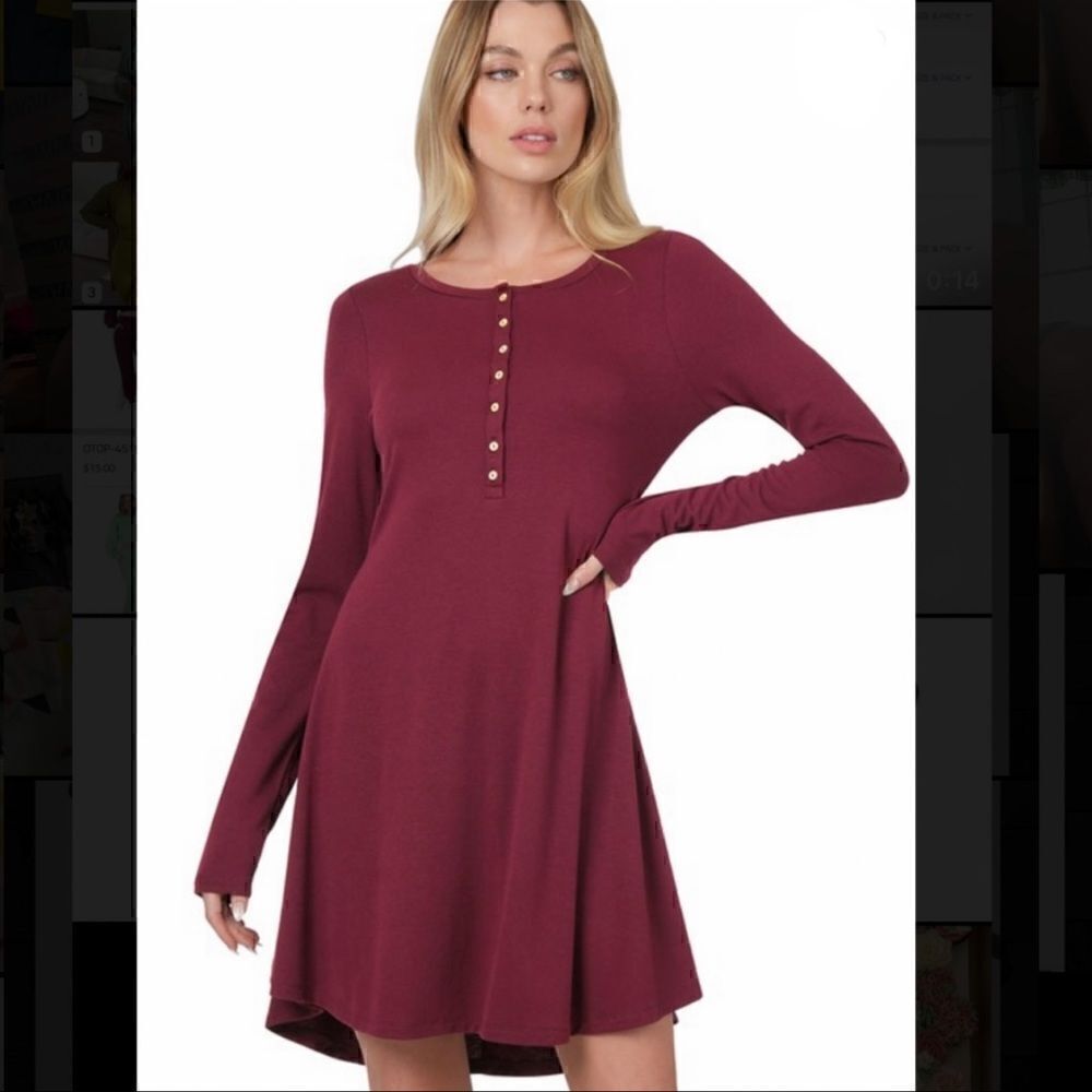 197. BURGUNDY LONG SLEEVE BUTTON DOWN DRESS